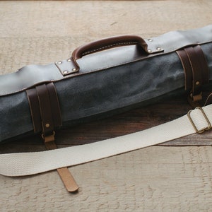 Waxed Canvas and Leather Chef Knife Tool Roll Bag Handmade Storage Organizer Grey image 2