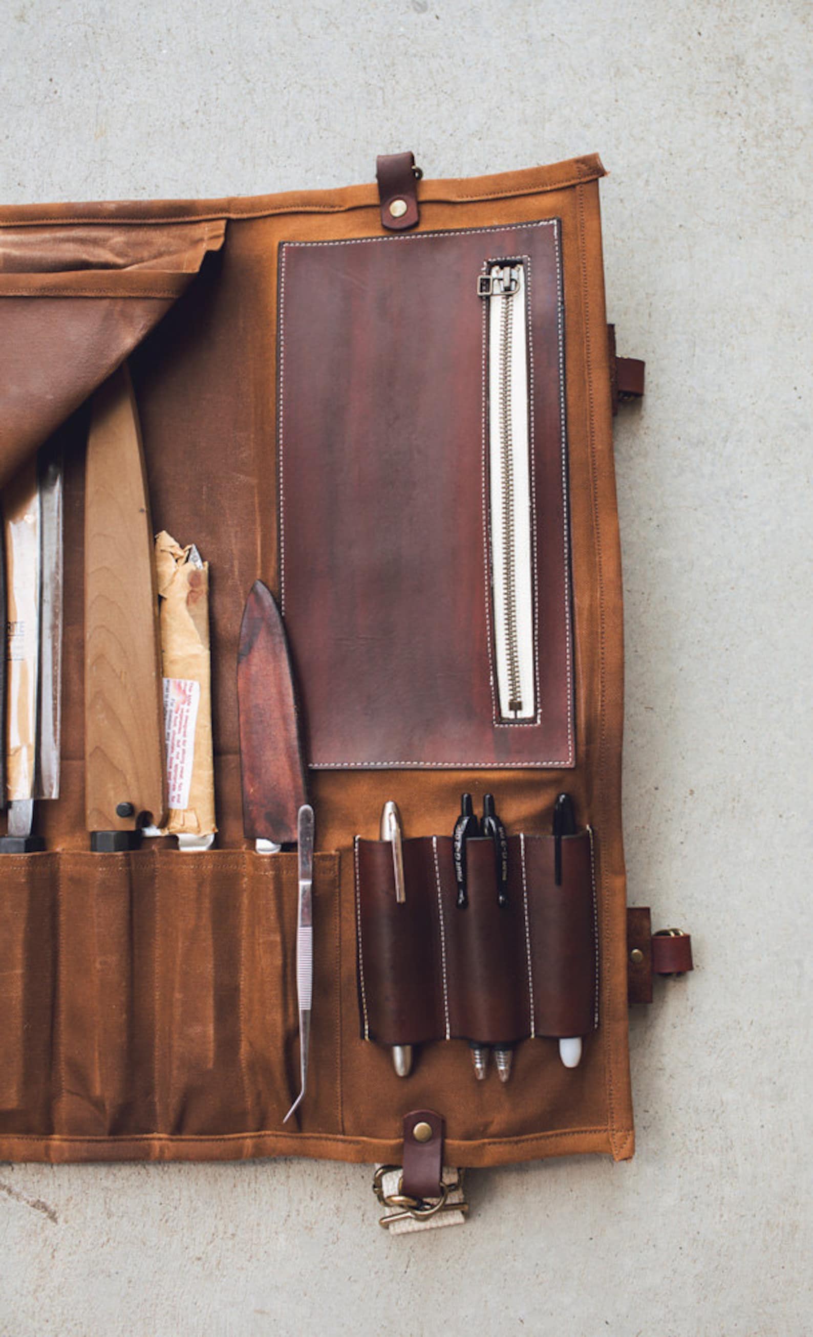 Waxed Canvas and Leather Chef Knife Roll Knife Bag The Proper Etsy