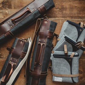 Waxed Canvas and Leather Chef Knife Tool Roll Bag Handmade Storage Organizer Grey image 4