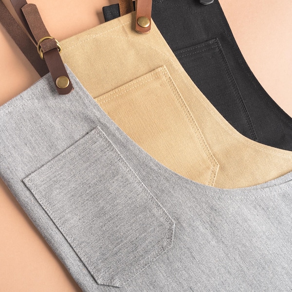 Denim Chef Apron with Leather Straps & Pockets