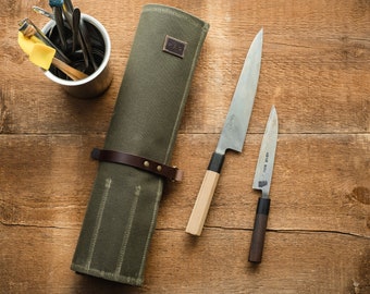 Waxed Canvas and Leather Chef Knife Tool Roll Bag- Kitchen Storage Cooking Organizer