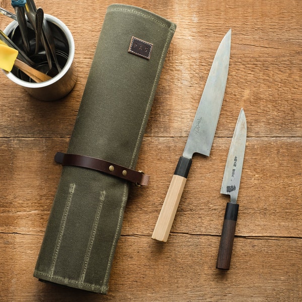 Waxed Canvas and Leather Chef Knife Tool Roll Bag- Kitchen Storage Cooking Organizer