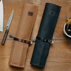 Waxed Canvas and Leather Chef Knife Tool Roll Bag- Kitchen Storage Cooking Organizer