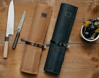 Waxed Canvas and Leather Chef Knife Tool Roll Bag- Kitchen Storage Cooking Organizer