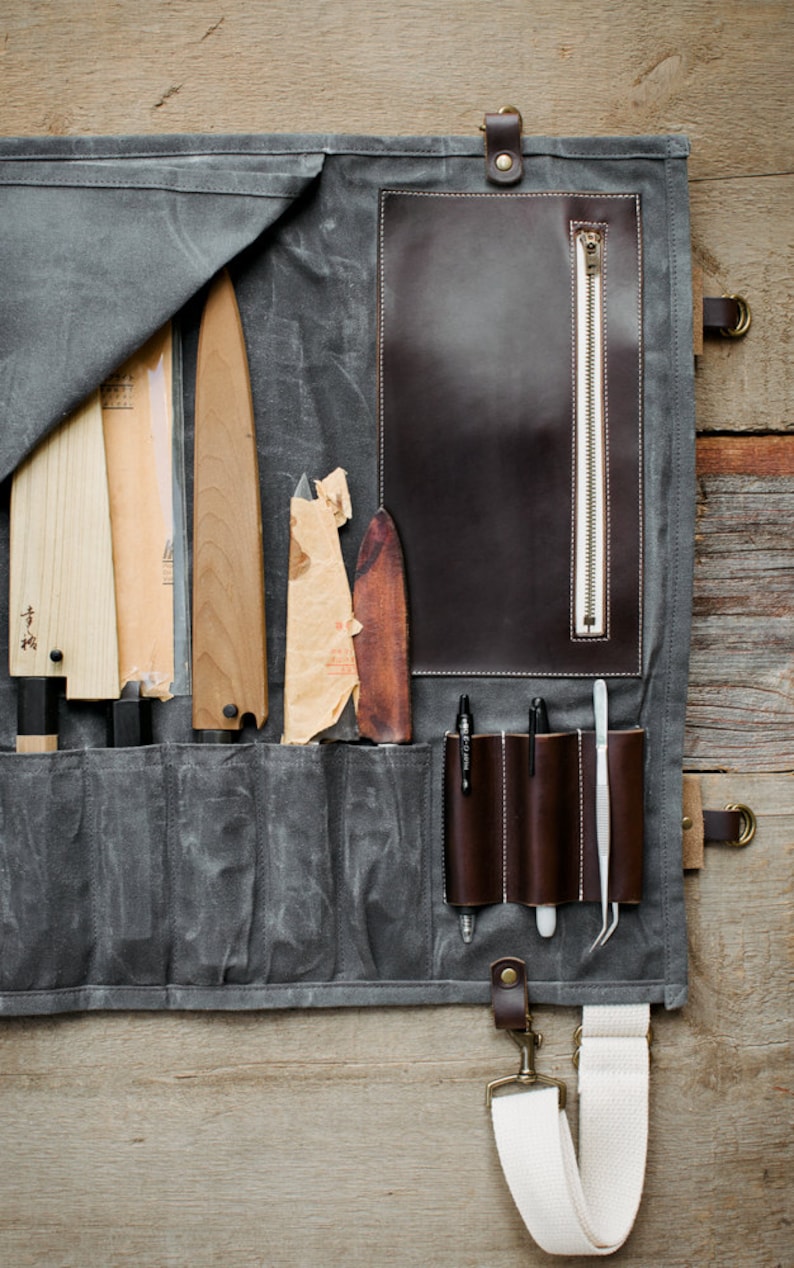 Waxed Canvas and Leather Chef Knife Roll Knife Bag the Proper Etsy
