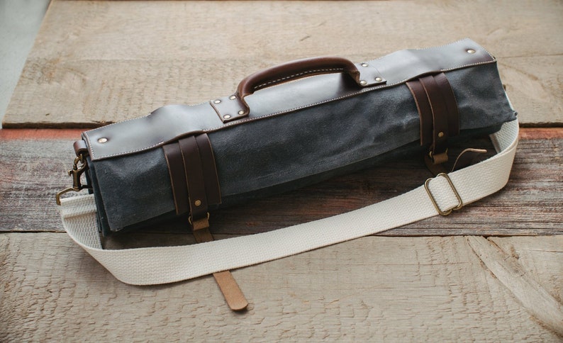 Waxed Canvas and Leather Chef Knife Tool Roll Bag Handmade Storage Organizer Grey image 2