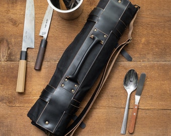 Waxed Canvas and Leather Chef Knife Roll- Black on Black