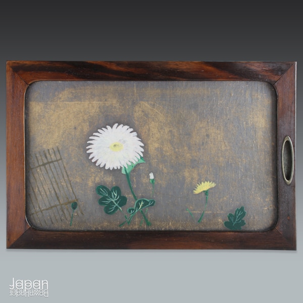 japanese antique painting, painted chest door panel, chrysanthemum painting on tansu door,  japanese interior