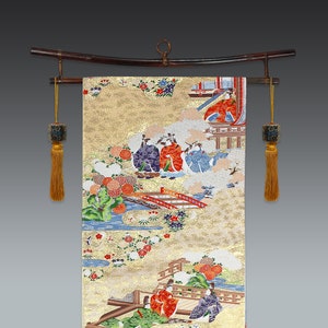 japanese vintage obi, kimono obi belt, chrysanthemum obi, shrine obi, silk brocade obi, obi wall hanging