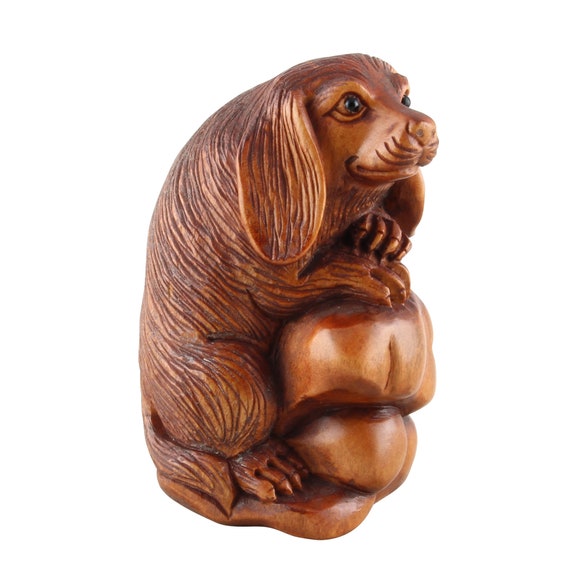 根付(netsuke) 犬の値付　友重作　木製　江戸時代 Dog Netsuke, Dachshund Figure, Japanese Netsuke, Hand Carved