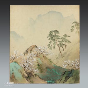antique japanese watercolor painting on silk shikishi - scenic mountain and cherry blossom art