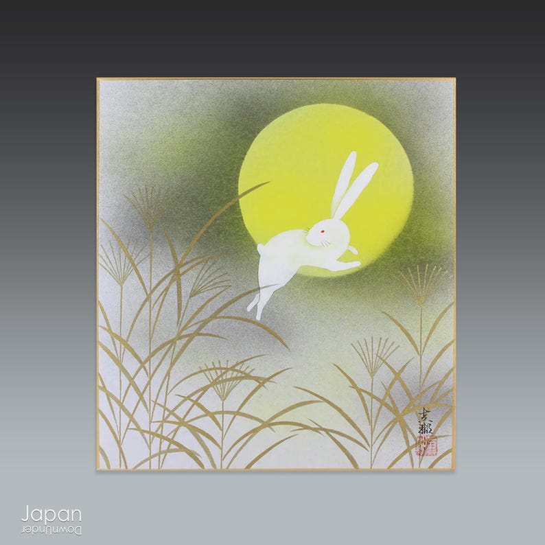 Japanese Moon Rabbit Red Japanese Moon Rabbit Shikishi Painting: Tsukimi Moon Viewing Art ...