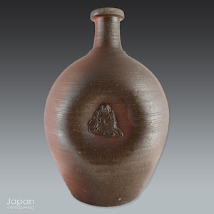 large japanese antique bizen sake bottle - japanese vase with god of happiness, hotei