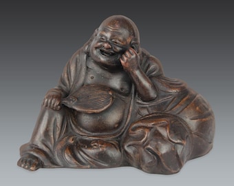 Antike Bizen Hotei Skulptur: Meiji Japanische Volkskunst Glücksgott Figur, Wabi Sabi Dekor
