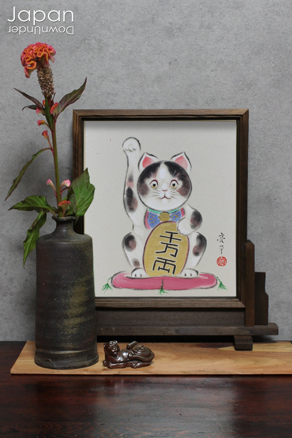 Japanese Painting of Maneki Neko Beckoning Cat on Shikishi