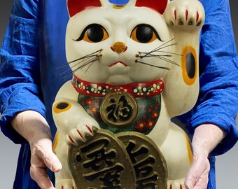 1950 年代のヴィンテージ 日本の眠り猫の置物 - 風水招き猫 - 手描きの