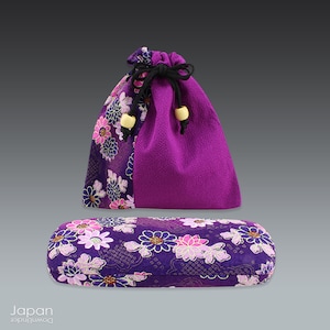 Étui à lunettes rigide en tissu chirimen japonais avec pochette assortie
