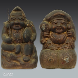 antique metal money boxes - japanese lucky gods ebisu and daikoku