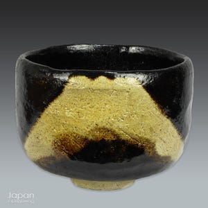 Black Raku Mt Fuji Tea Bowl: Signed Japanese Chawan with Tomobako Box