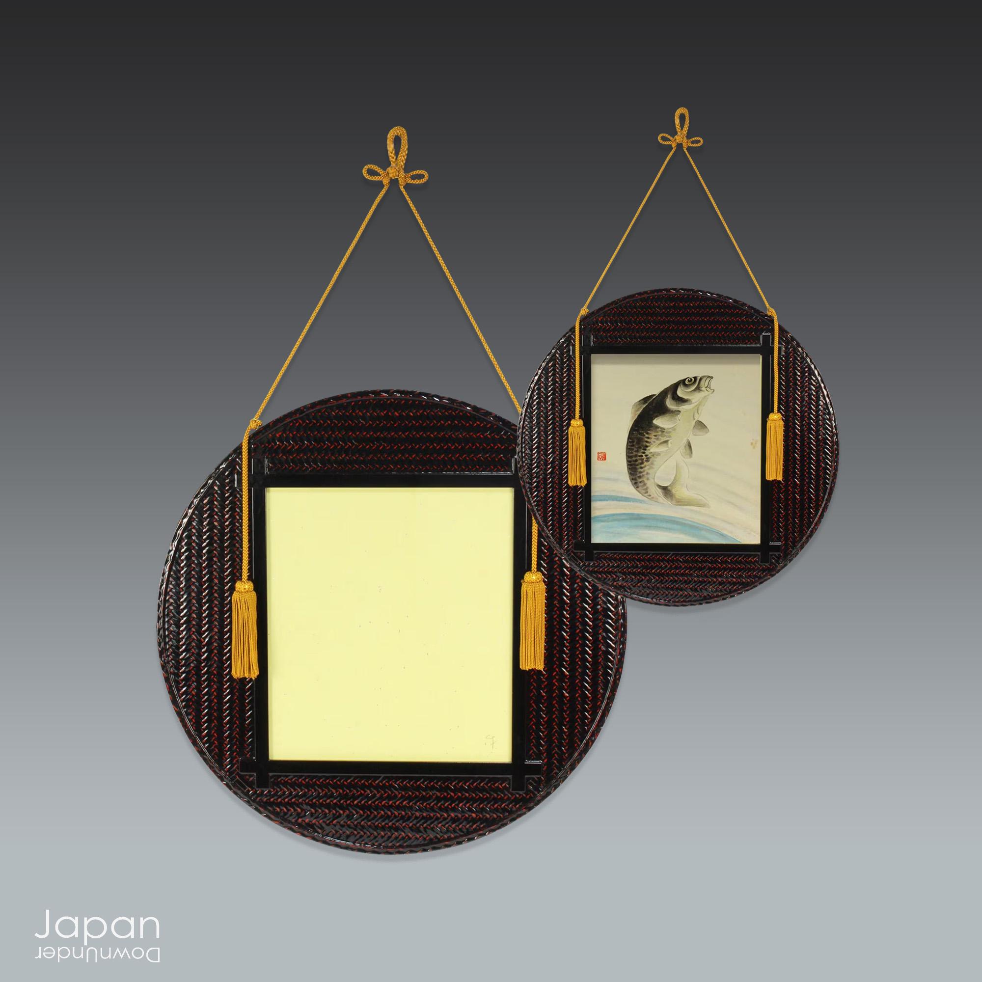 Vintage Japanese Shikishi Frame: Round Woven Bamboo Rantai Lacquer