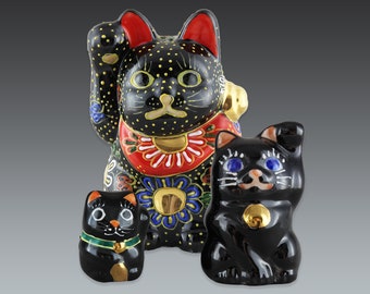 珍しいハニベウィンキング招き猫：黒粘土製日本民芸品 招き猫 - Etsy 日本