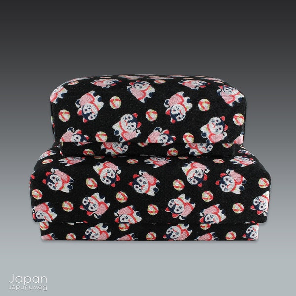 two japanese chirimen fabric covered boxes with white inu hariko dog design on black background, japanese storage box