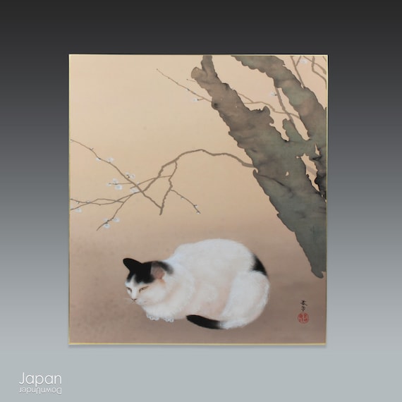 Nihonga Shikishi Painting of a Cat and Plum Blossoms by