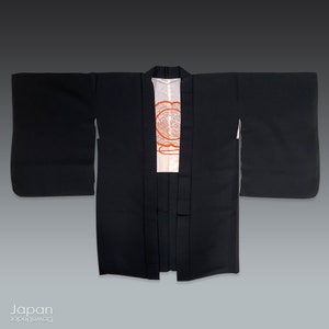 as new vintage japanese silk haori kimono coat, black haori with orange bird and water motifs