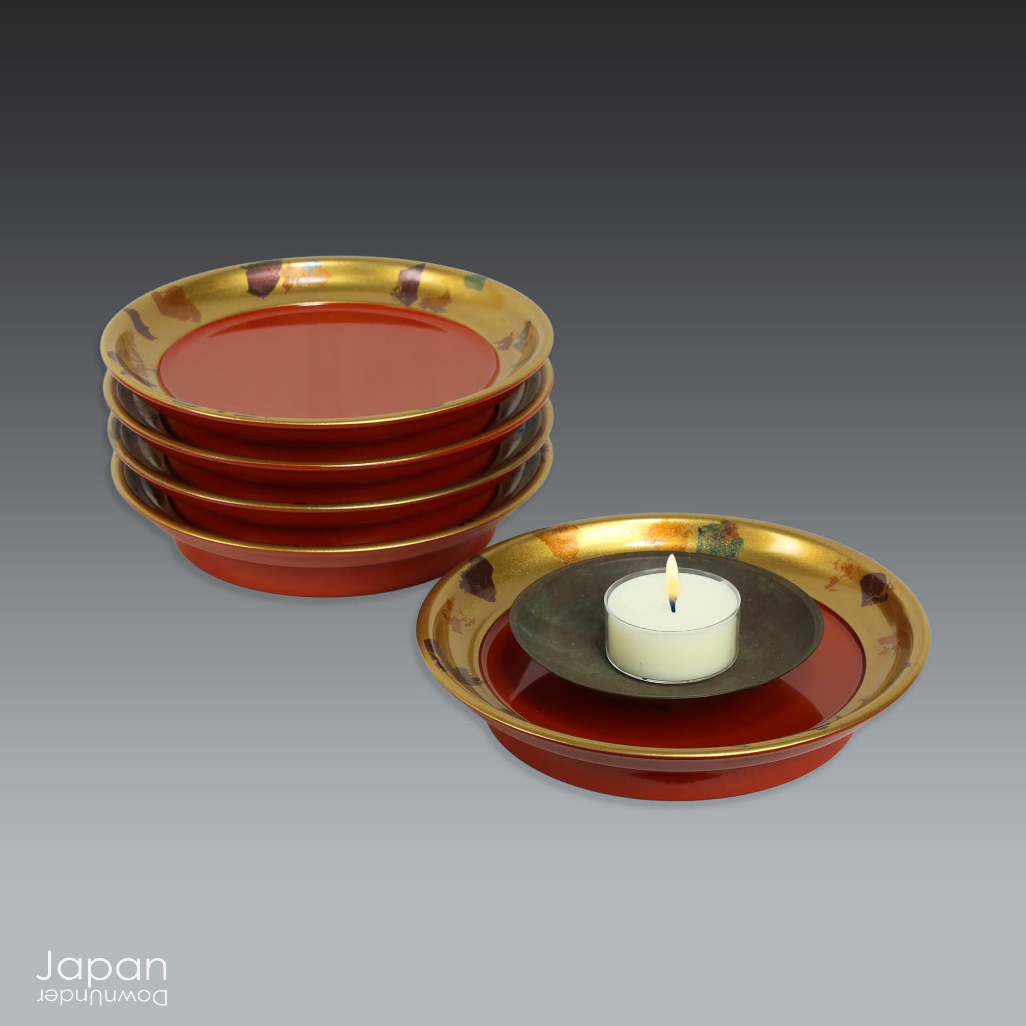 漆器 金色の皿 5個セット 朱と金の椿漆塗り皿：5枚セット、箱入り和菓子皿 - Etsy 日本