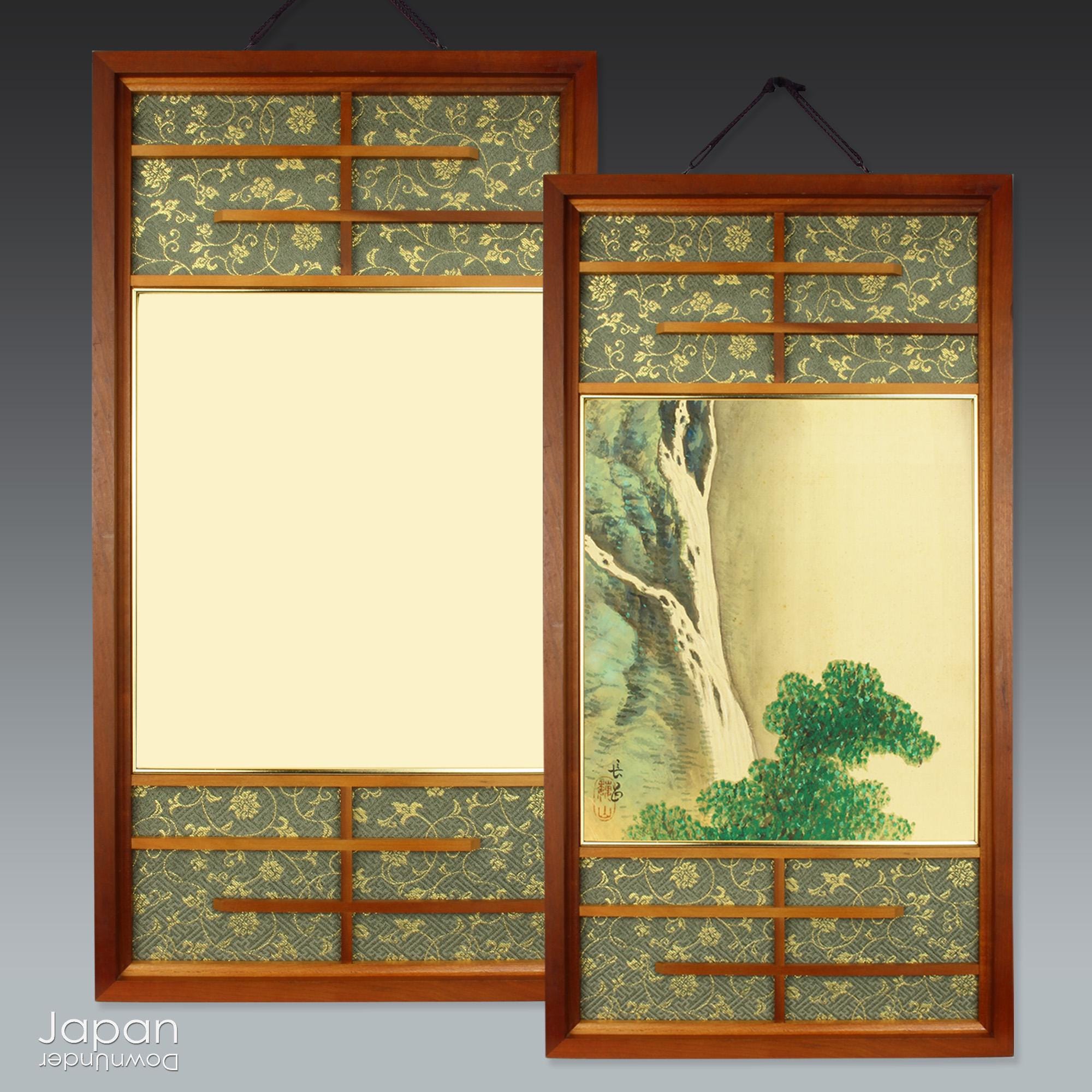 japanese vintage frame for shikishi art - wood frame with green brocade mat & shoji accent