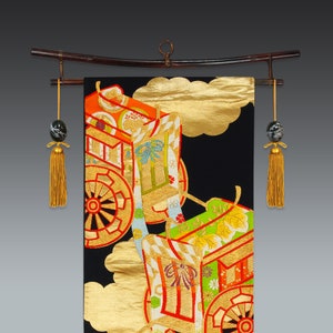 japanese vintage obi, black obi with gold carriages
