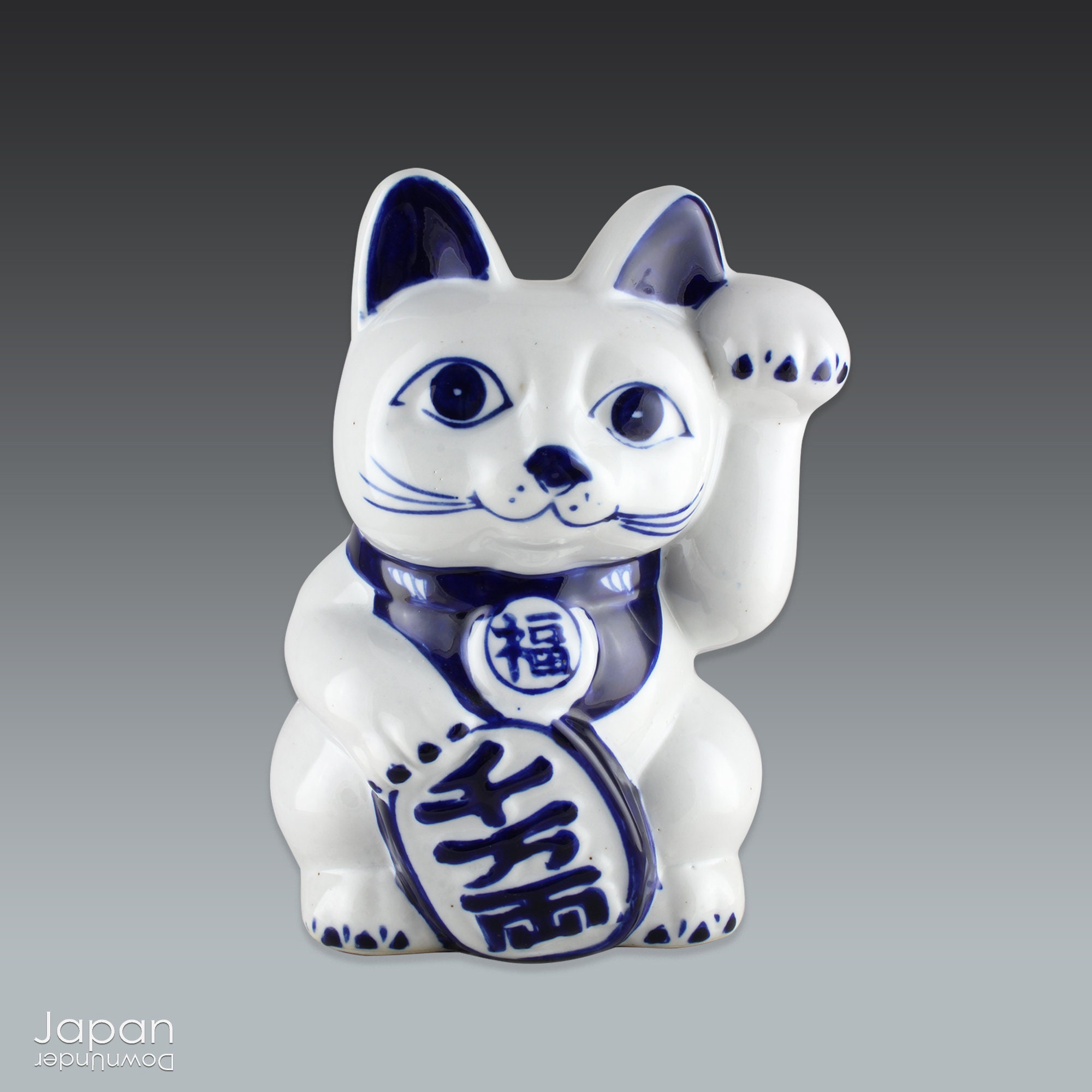 Porte clé chat porte bonheur (maneki neko) Mani the Lucky Cat blanc collier  bleu