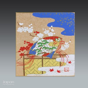 bamboo, plum blossom, pine tree shikishi, silk screen print, japanese art print, mini shikishi board