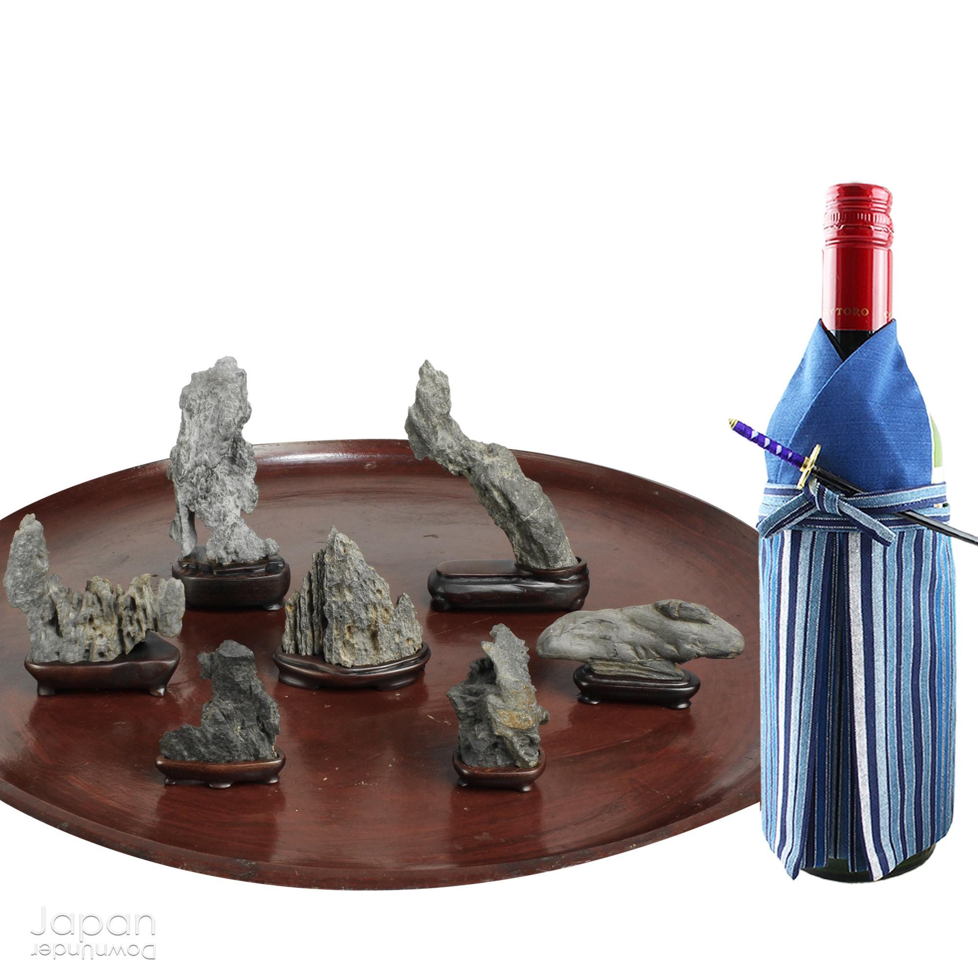 Rare Miniature Suiseki Set on Ebony Daiza: Japanese Viewing Stones