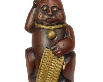 そろばん付きヴィンテージ日本製竹製招き猫：民芸品の幸運の猫 - Etsy 日本