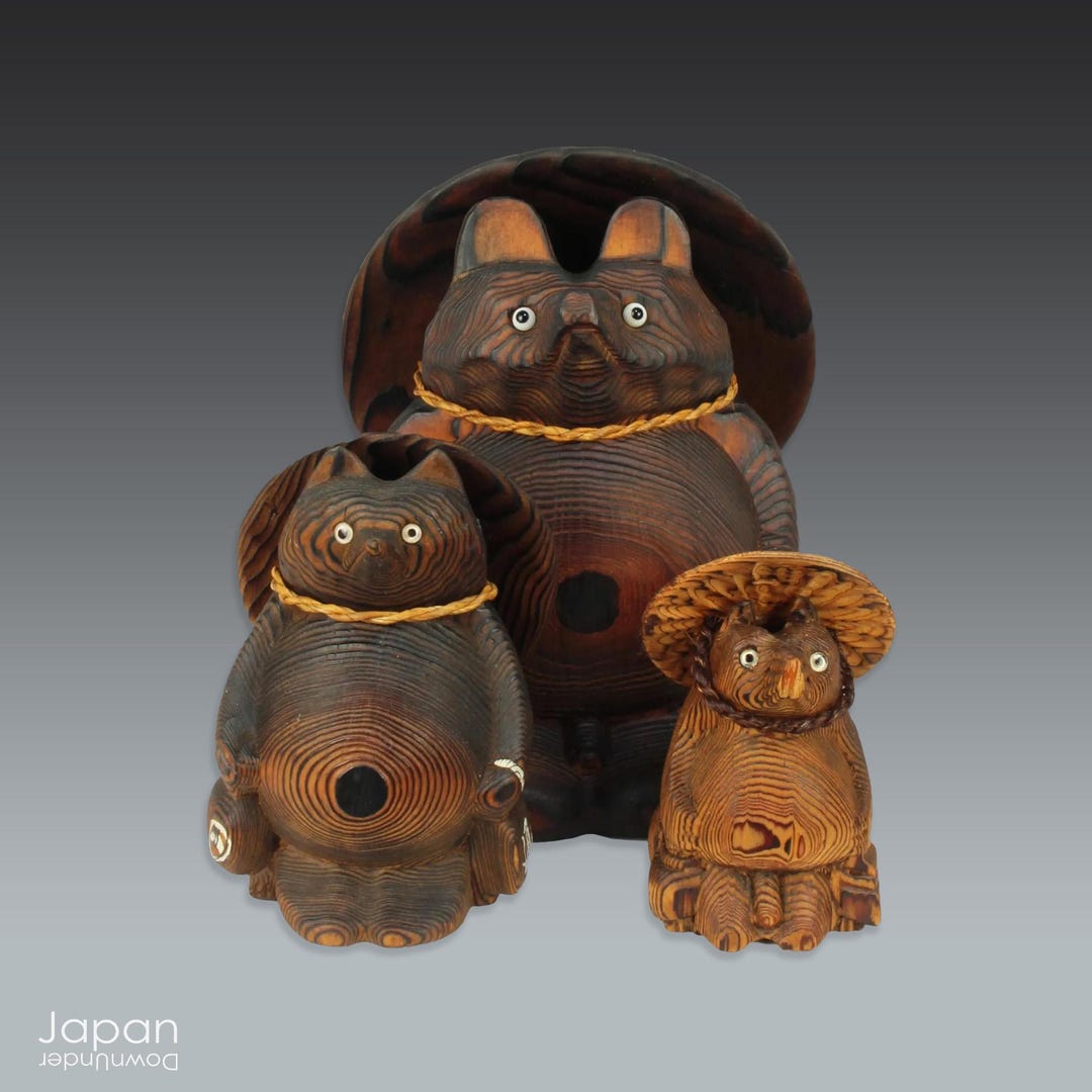 Vintage Wooden Tanuki Trio: Japanese Folk Art Lucky Figures - Etsy
