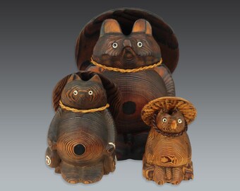 Vintage Wooden Tanuki Trio: Japanese Folk Art Tanuki Statues