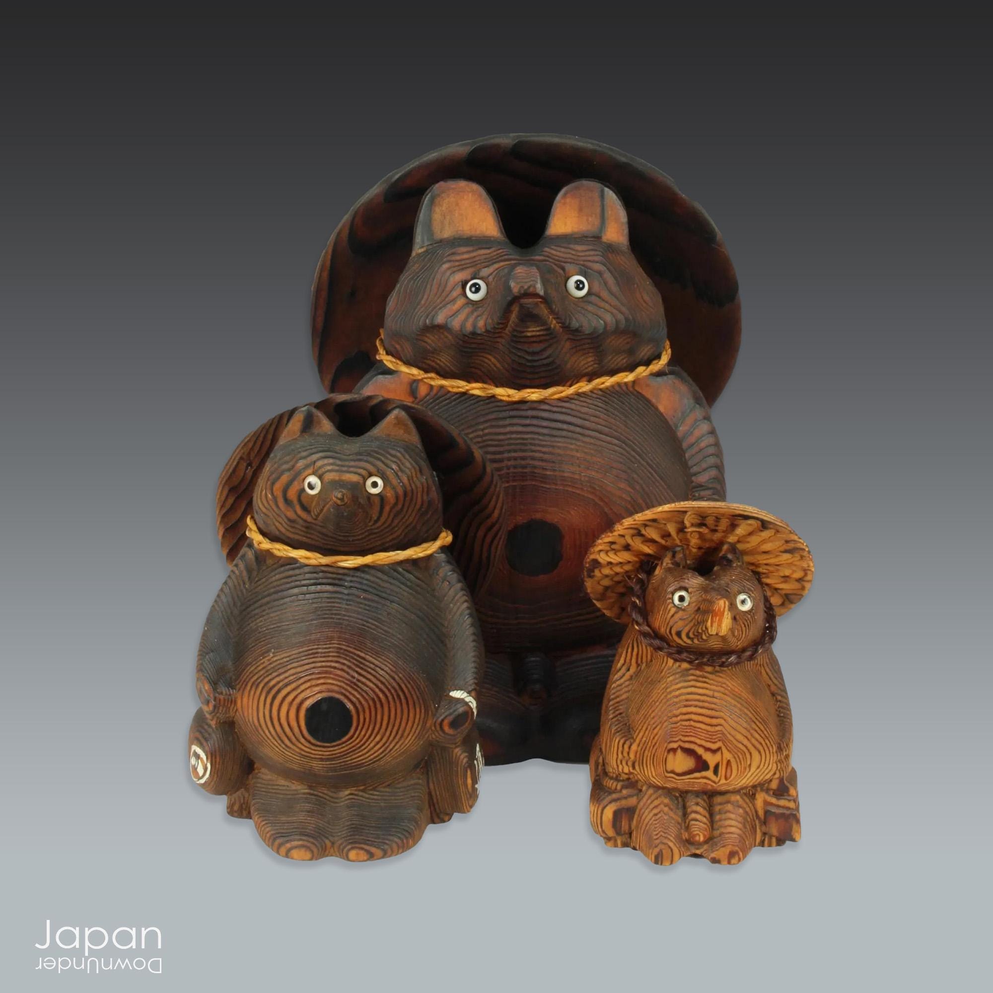 Vintage Japanese Wooden Tanuki Trio Folk Art Figures: Lucky Charm
