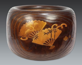 Antique Japanese Wooden Hibachi Brazier: Gold Maki-e Fans, Kiri Folk Art