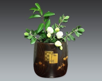 Antique Japanese Wooden Hibachi Brazier: Gold Bamboo Maki-e Kiri Folk Art