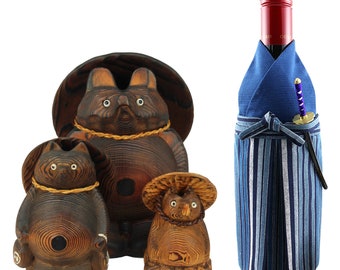 女性が喜ぶ♪ Japanese Antique Tanuki Lucky Art Folk - Trio Carvings Wood 絵画