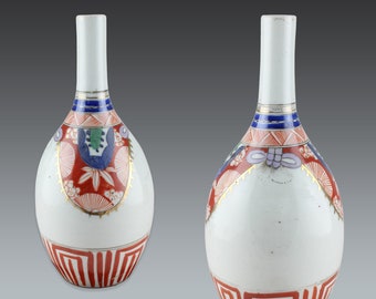 large japanese antique imari sake bottle with pine, plum and bamboo motif, imari tokkuri, japanese vase