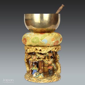 Antique Buddhist Singing Bowl: Carved Stand & Brocade Cushion
