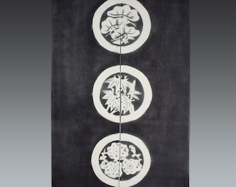 Linen Noren: Hand Printed Plum, Bamboo, Pine Mon