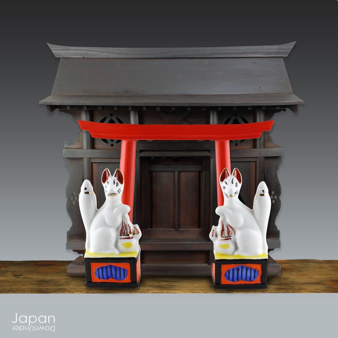 Vintage Japanese Inari Fox Pair & Torii Gate: Shinto Shrine