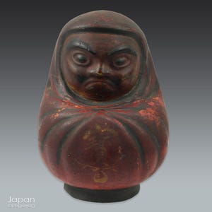 rare meiji era lucky daruma clay doll - soot covered rustic patina
