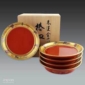 vintage japanese plate set - red lacquer with gold trim
