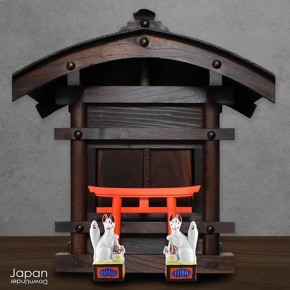 Vintage Japanese Inari Fox Pair & Torii Gate: Shinto Shrine