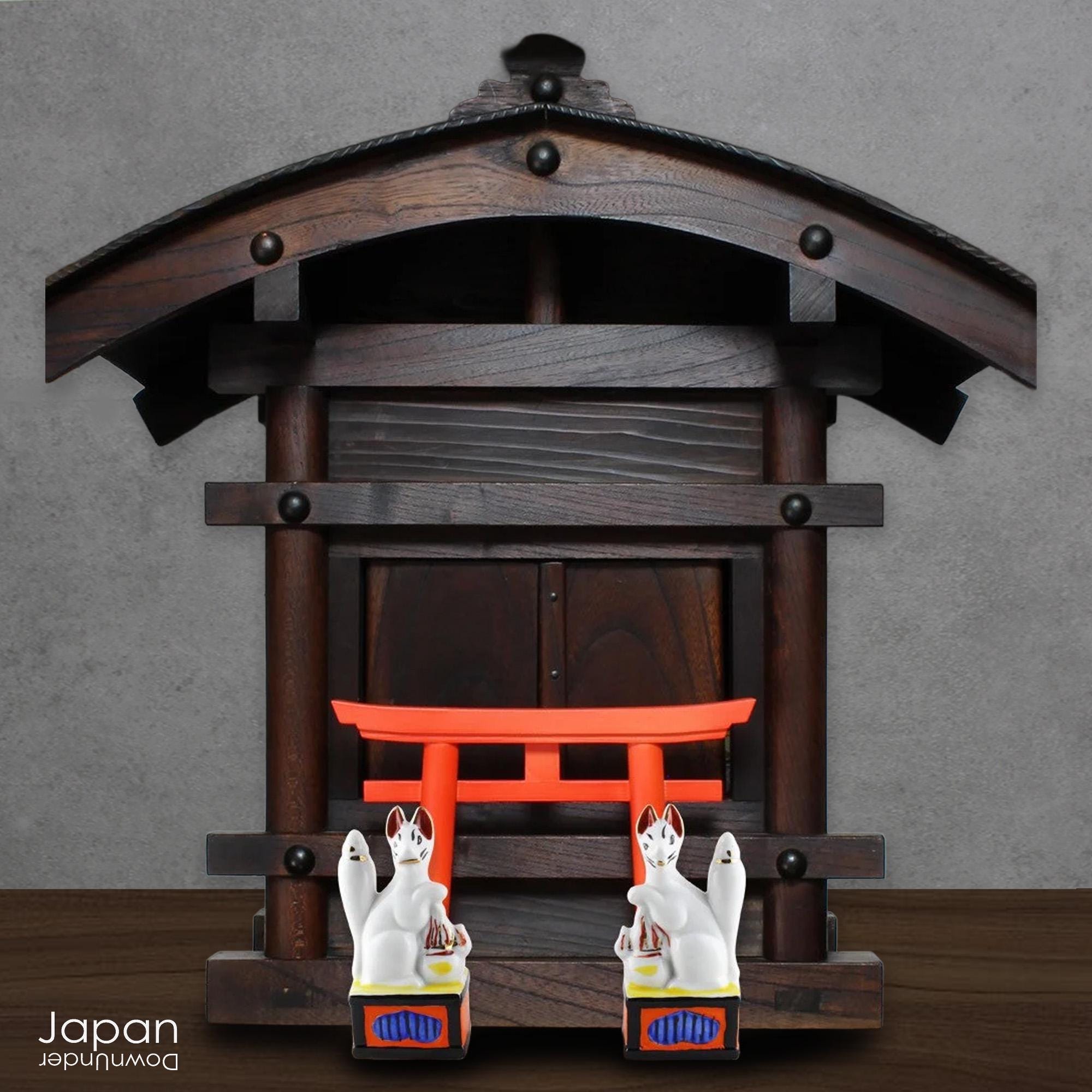 Vintage Japanese Inari Fox Pair & Torii Gate: Shinto Shrine