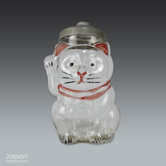 Rare Antique Glass Maneki Neko Candy Jar: Japanese Dagashiya Folk